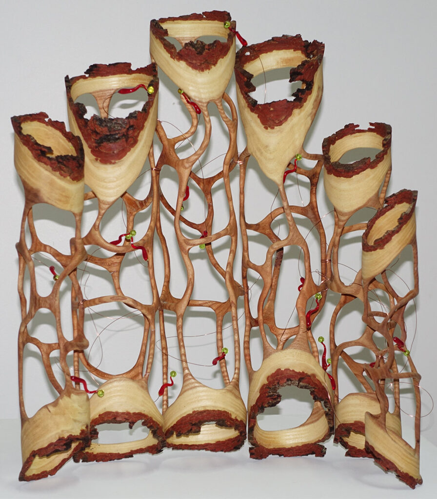 Abstrakte Holzinstallation aus gedrechselten Röhren und vernetzten Formen, verbunden mit feinen Drähten und farbigen Elementen.